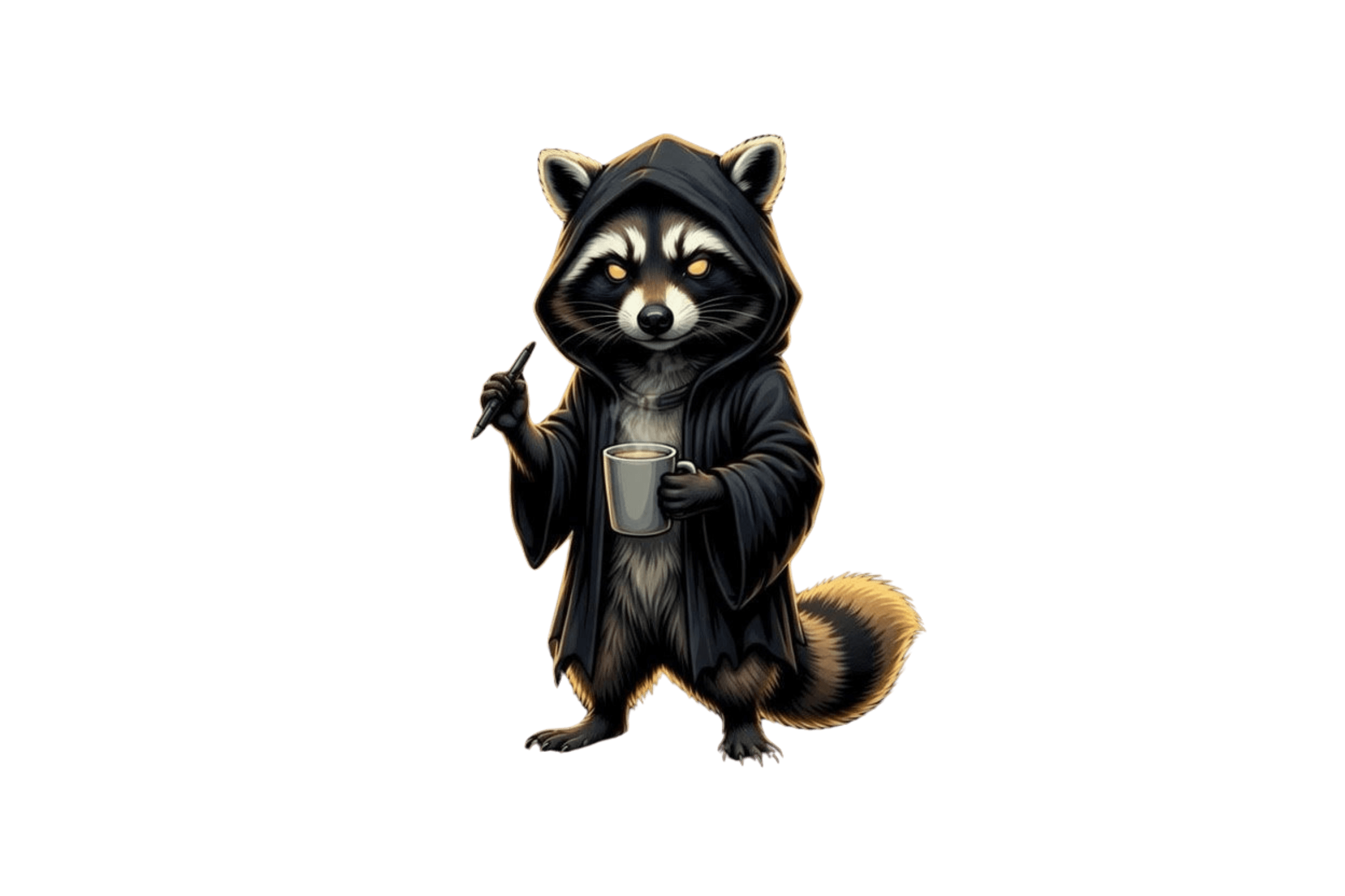 The PhantomForge Mascot — a hooded phantom raccoon with stylus and coffee