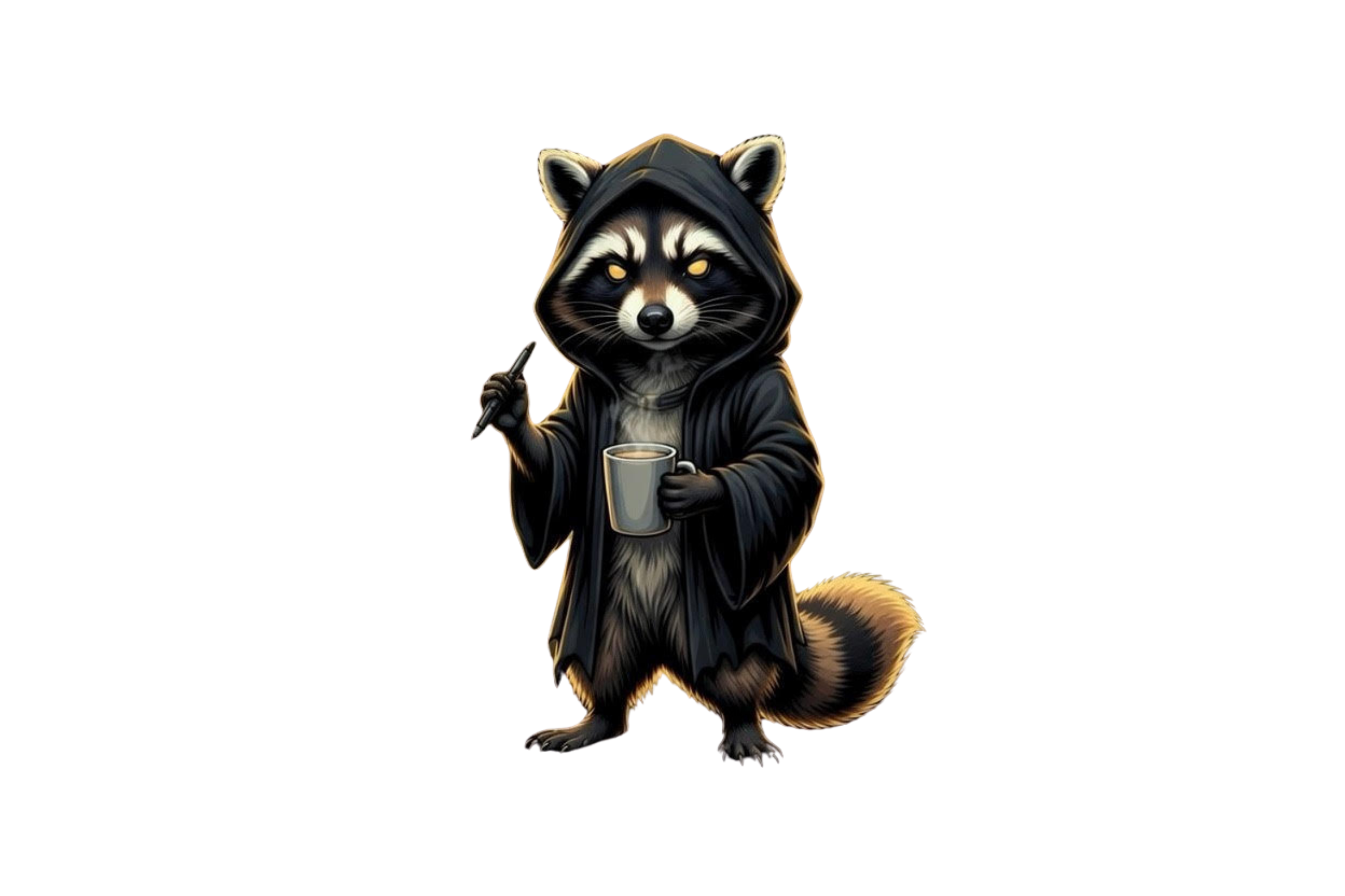 The PhantomForge Mascot — a hooded phantom raccoon with stylus and coffee